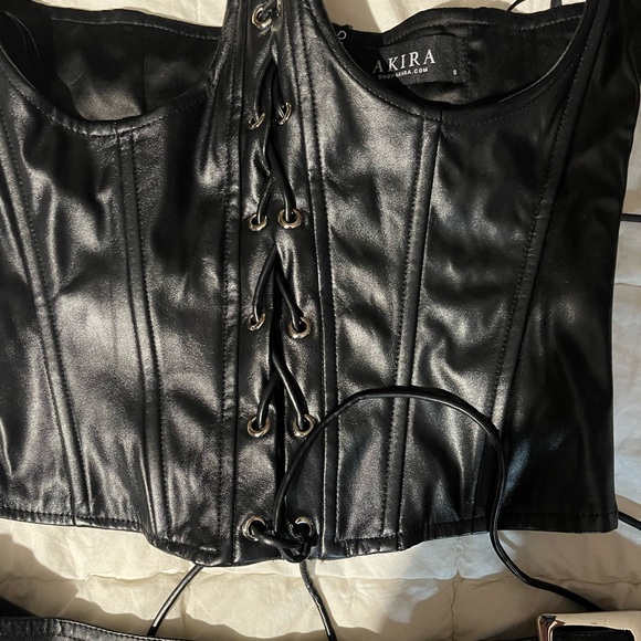AKIRA Black Faux Leather skort  w belt & Akira bondage corset like top - Picture 2 of 8
